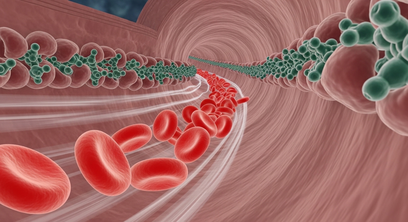 A 3D visualization of red blood cells flowing smoothly through a healthy artery, with EPA molecules interacting with the vessel wall to maintain its health, medical animation style, high detail