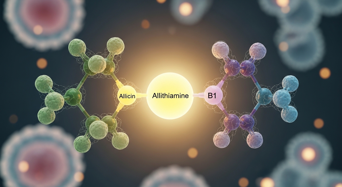 A microscopic 3D render of Allicin molecules bonding with Vitamin B1, creating a new stable molecule called Allithiamine, glowing biological structures, soft focus, high detailed, science laboratory concept