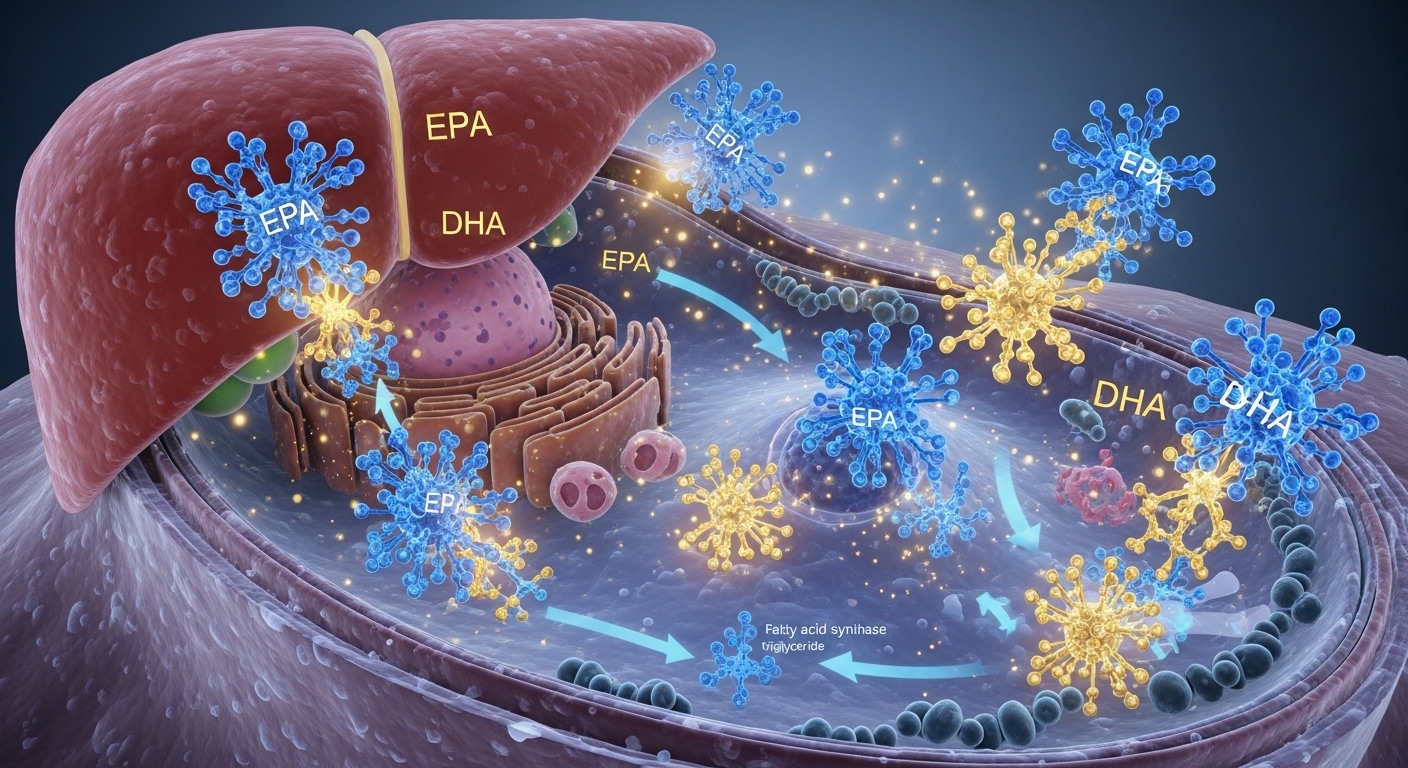 A scientific 3D illustration showing EPA and DHA molecules interacting with liver cells to reduce triglyceride synthesis, detailed cellular level view, glowing blue and gold, biophysics concept