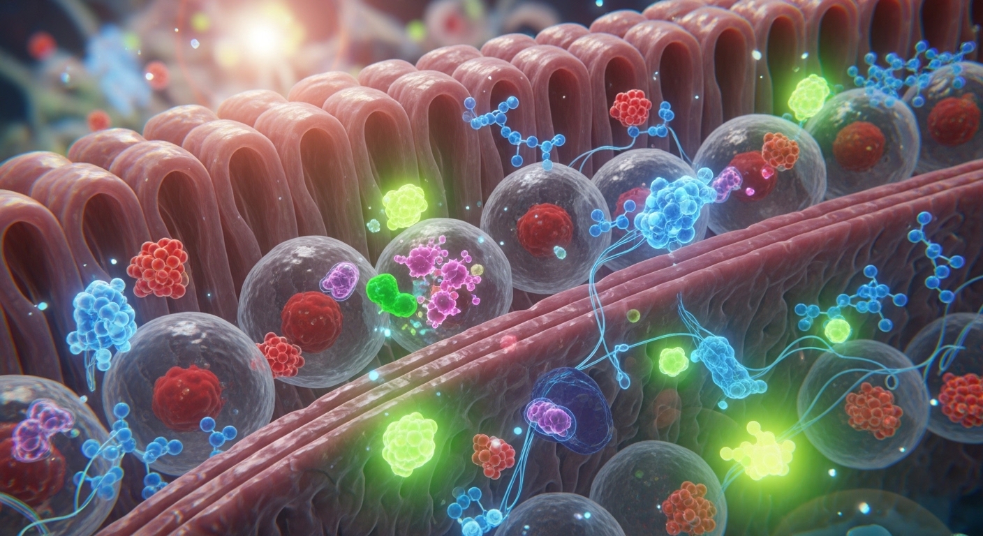 A microscopic 3D render of vibrant stomach lining cells, showing the interaction with nutrient molecules, glowing biological structures, soft focus, high detailed, science laboratory concept