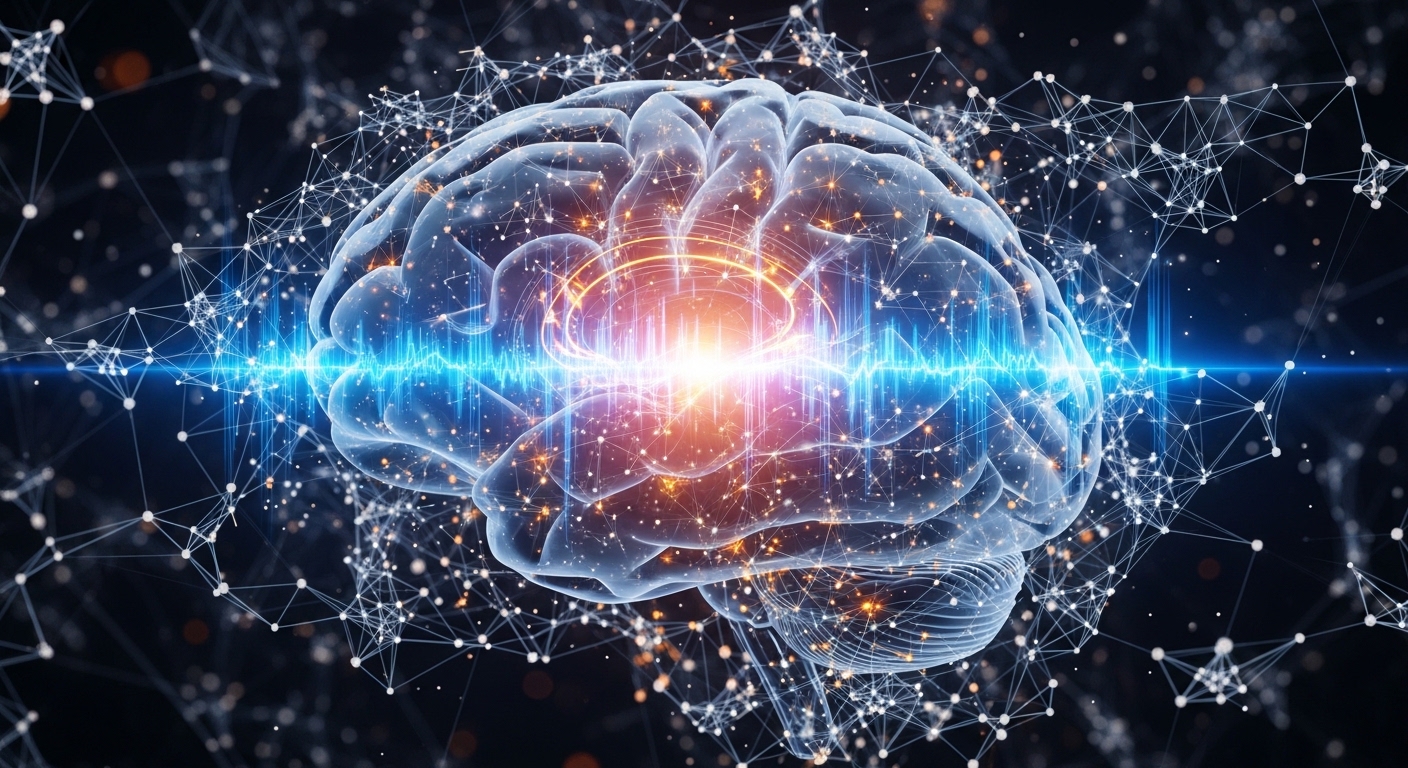 A detailed digital illustration of a human brain with glowing neural networks, symbolizing enhanced cognitive function and information processing, futuristic style, blue and orange lights