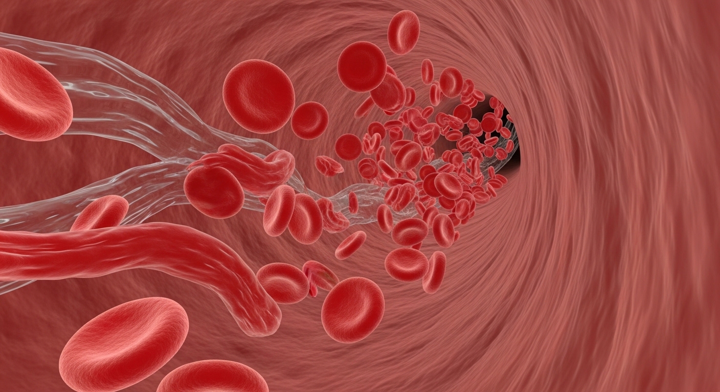 A microscopic view of red blood cells flowing smoothly through a narrow capillary vessel, some cells are flexible and elongated, illustrating high membrane fluidity, scientific medical illustration, detailed 3D render