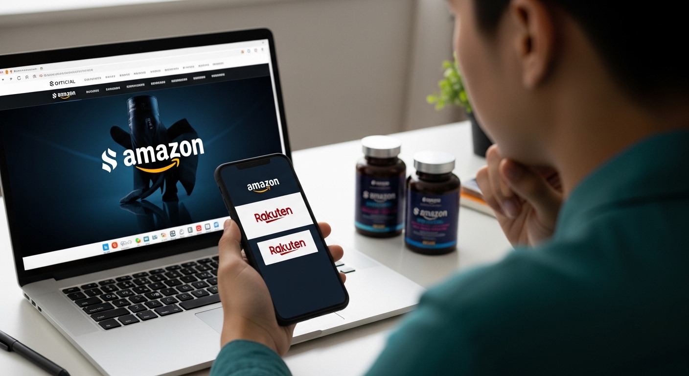 A person comparing supplement purchase options on a laptop and a smartphone, with logos of official website, Amazon, and Rakuten visible.