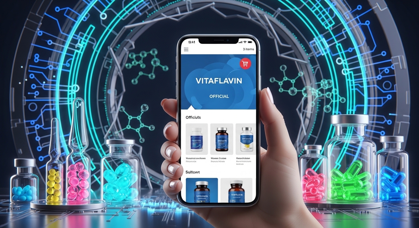 A person's hand holding a smartphone displaying the Vitaflavin official website with a shopping cart icon, surrounded by sleek, futuristic biohacking elements and glowing supplements. The image conveys ease of online purchase and scientific trust.