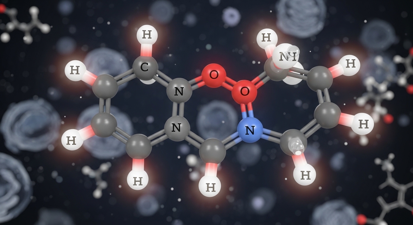 A detailed 3D molecular structure of Deazaflavin, with glowing atoms and bonds, set against a blurred background of cellular activity, scientific illustration, high resolution