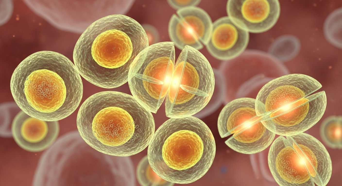 A microscopic 3D render of vibrant mitochondria cells multiplying inside a human body, glowing biological structures, soft focus, high detailed, science laboratory concept