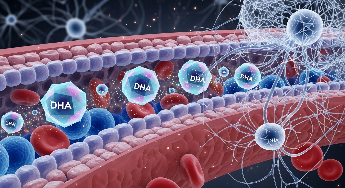 A scientific illustration of the blood-brain barrier, showing DHA molecules passing through to nourish brain cells, futuristic concept, detailed neural network in the background, glowing particles