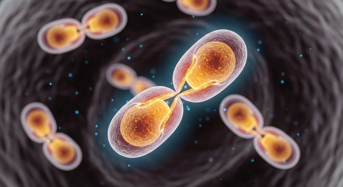 A microscopic 3D render of vibrant mitochondria cells multiplying inside a human body, glowing biological structures, soft focus, high detailed, science laboratory concept