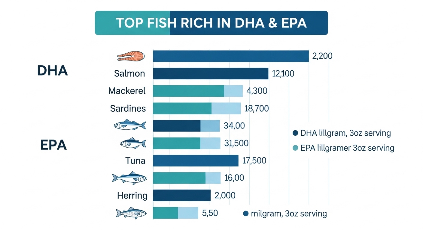 A scientific infographic chart showing the top fish richest in DHA and EPA, with clear data visualization and icons. Sleek, modern design with a blue and white color scheme.