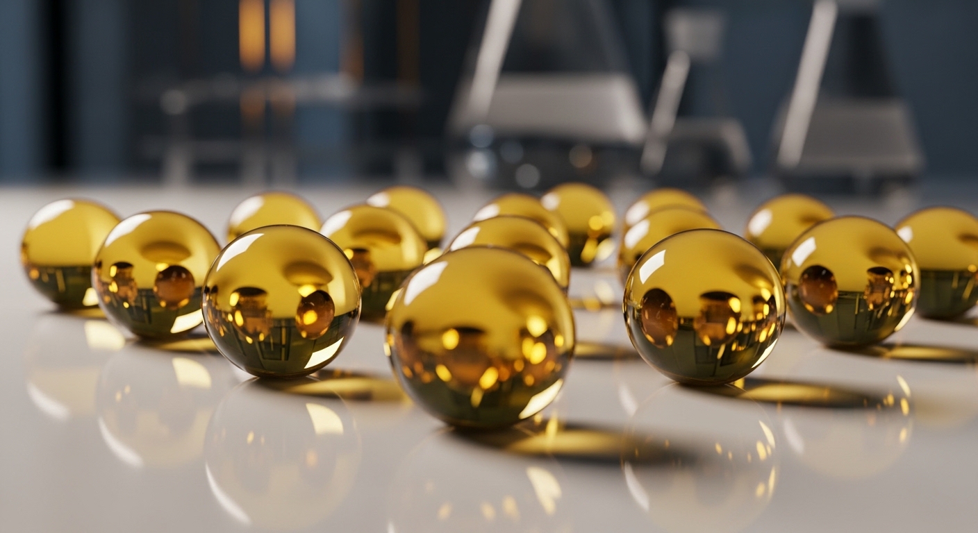 A close-up shot of transparent golden omega-3 supplement capsules arranged neatly on a clean, white surface, with a blurred laboratory background, reflecting light beautifully.
