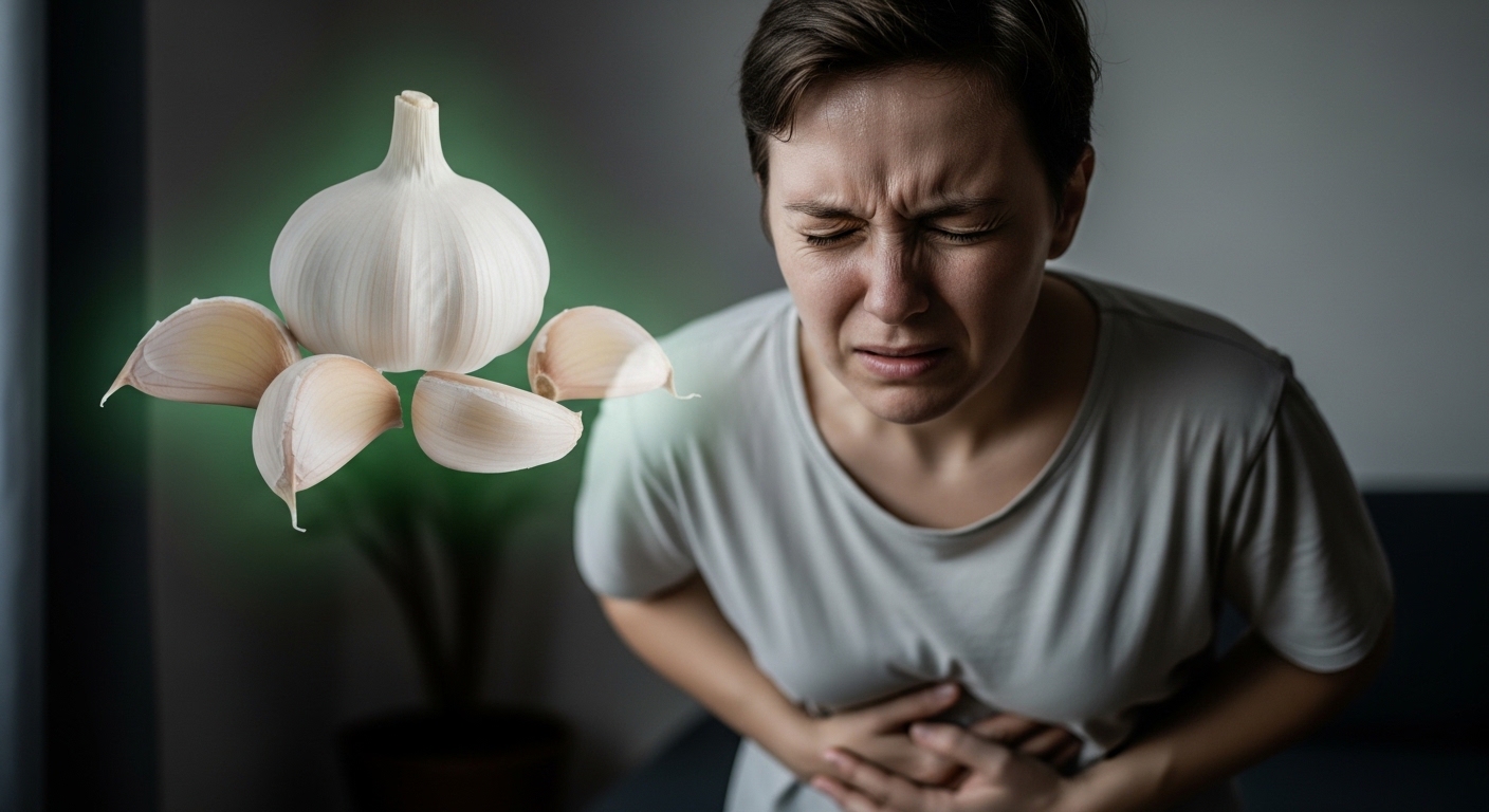 A person holding their stomach in discomfort, with a ghostly image of garlic in the background, conveying the idea of digestive issues related to garlic.