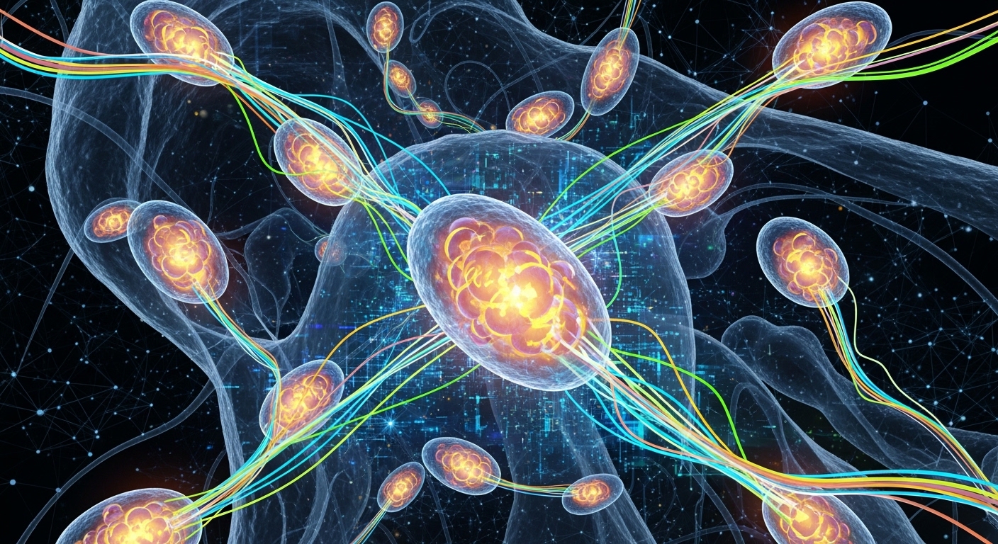 A vibrant, abstract representation of increased cellular energy and vitality inside a human body, with glowing mitochondria and energy pathways, depicted in a futuristic, high-tech style.