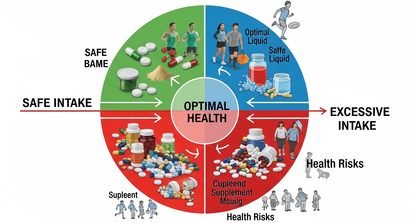 A diagram showing the balance between safe intake and excessive intake of supplements, with a clear dividing line.