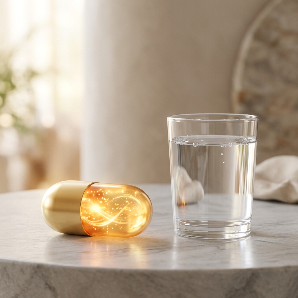 にんにく卵黄カプセルとコップ一杯の水(文字なし)
