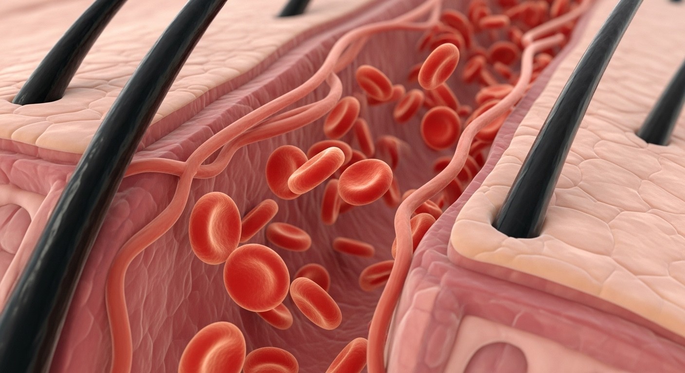 A microscopic view of red blood cells flowing through capillaries in a hair follicle, delivering oxygen and nutrients, vibrant and detailed scientific illustration