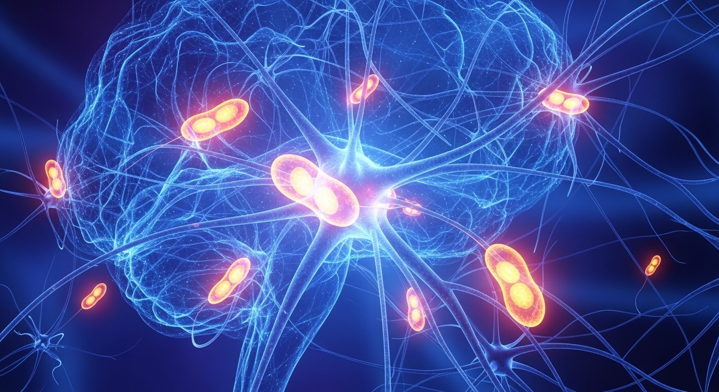 A vibrant, abstract image representing brain activity and cellular energy, with glowing neural pathways and mitochondria-like structures in a deep blue and purple color palette.
