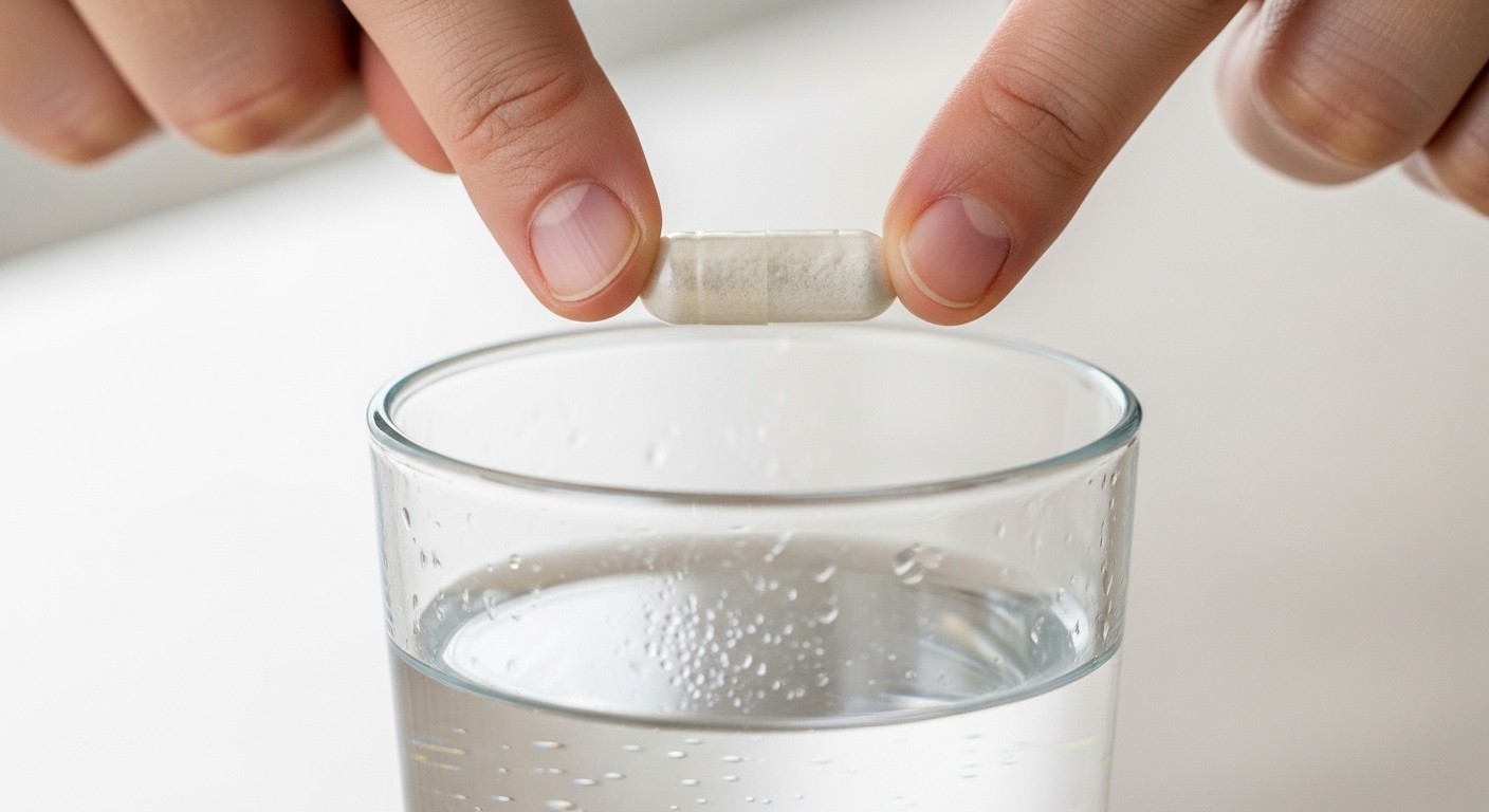 A close-up photograph of a single NMN capsule being taken with a glass of water, illustrating a clean and simple intake