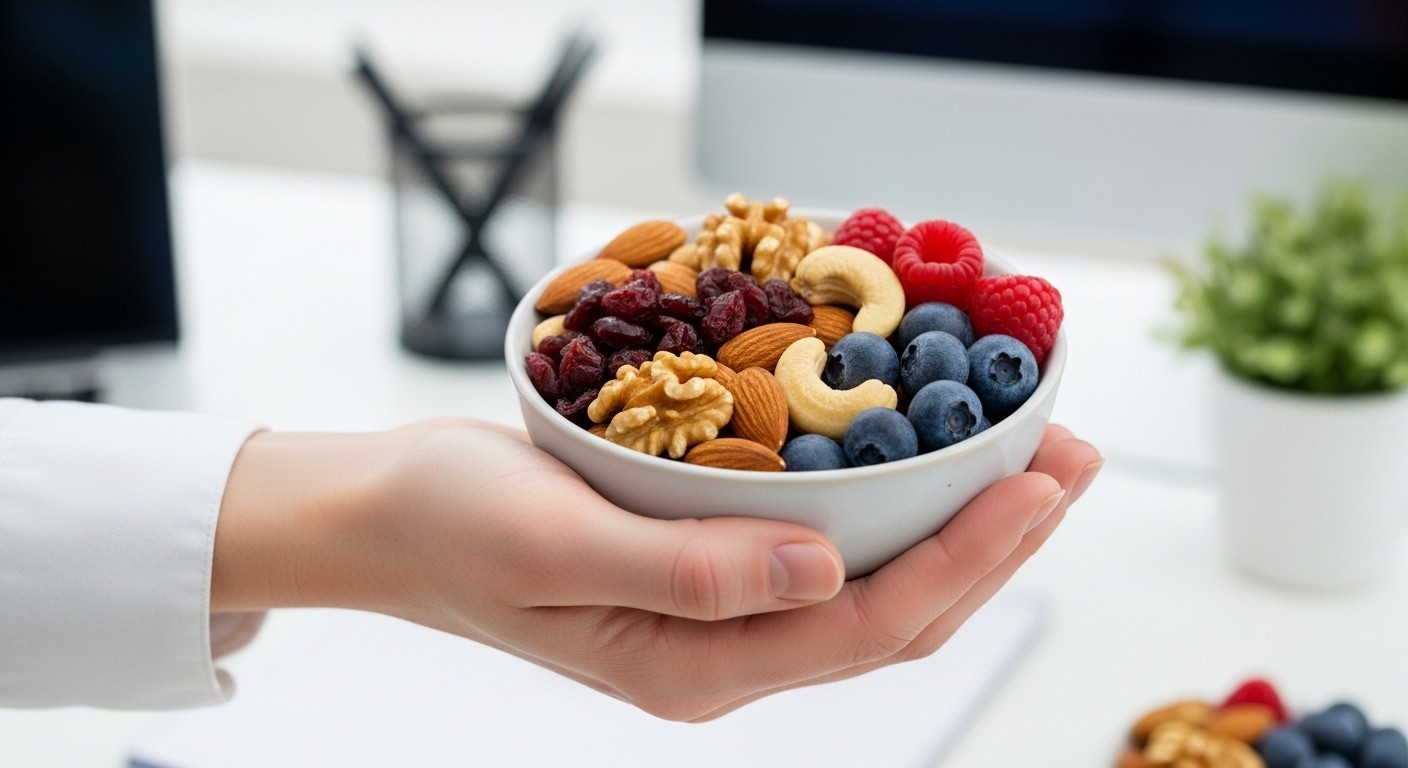 A hand holding a small bowl of mixed nuts and berries, healthy and appealing, with a blurred background of a modern office desk. Real image, photograph.