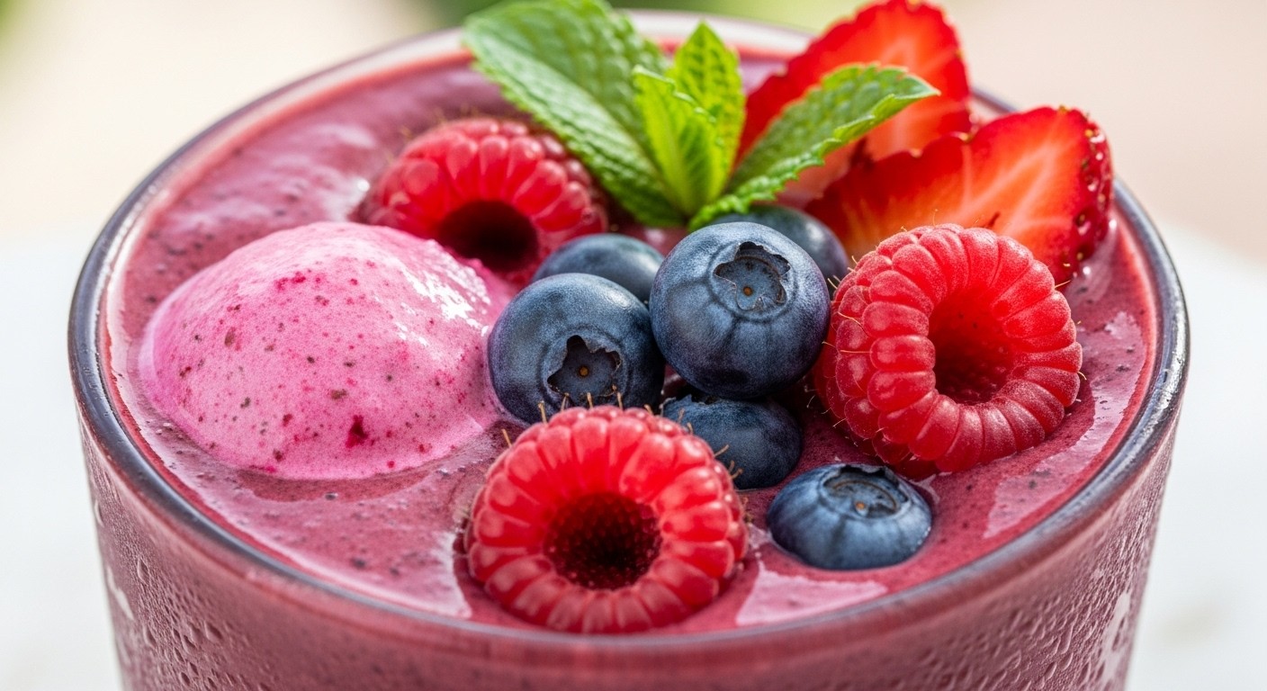 A close-up photograph of a delicious berry smoothie with a scoop of protein powder, garnished with fresh berries and mint leaves, vibrant colors, natural light.