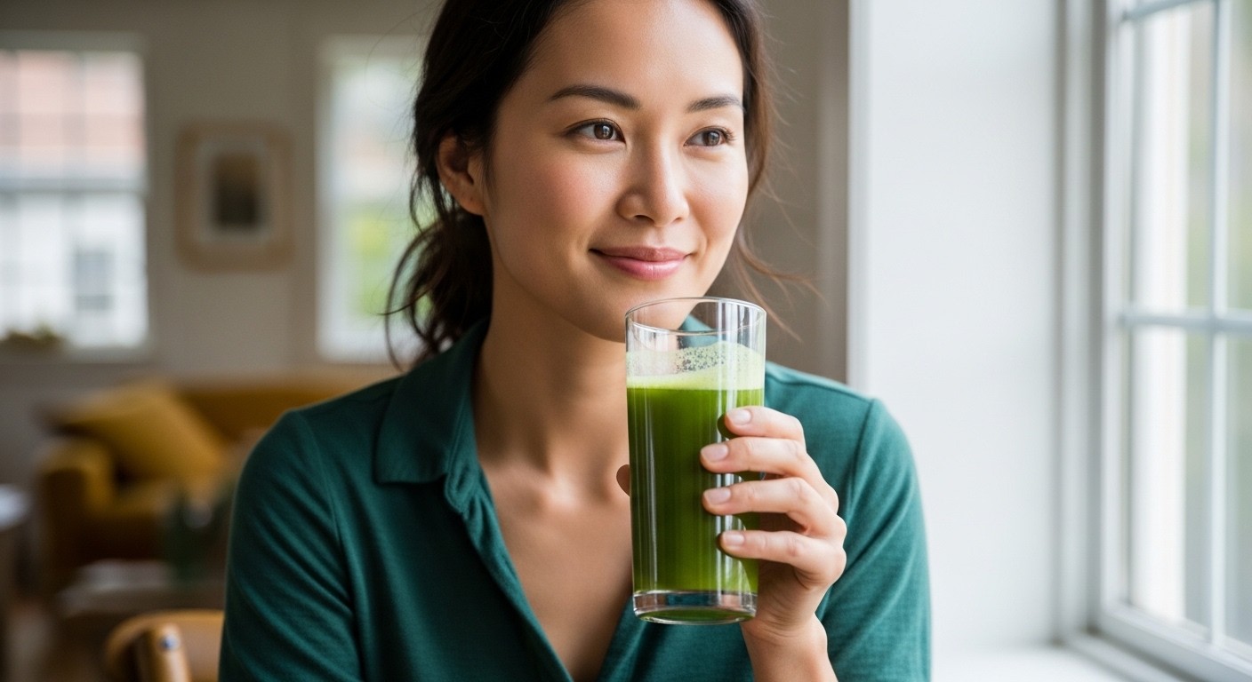 A woman with radiant skin, holding a glass of a healthy drink, natural light, soft focus, indoor setting, real image, photograph