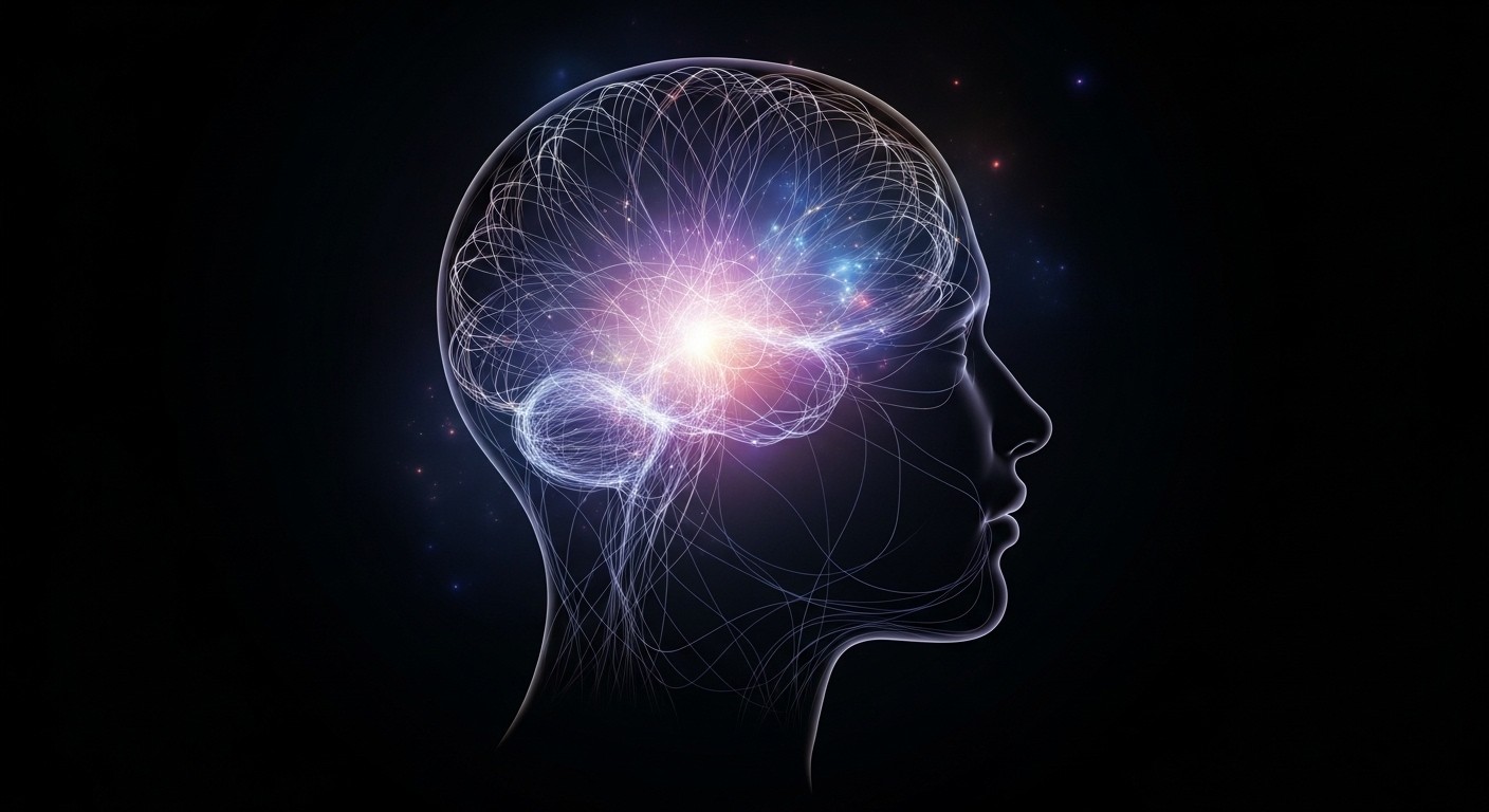 A minimalist, abstract representation of enhanced brain activity and cognitive flow, with subtle, interconnected light patterns within a human head silhouette against a dark background. No text or complex diagrams.