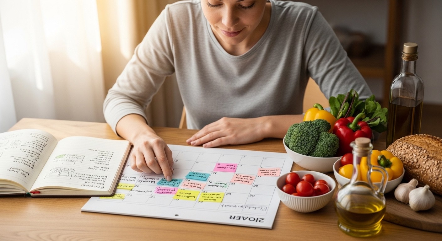 A person looking at a calendar, planning their healthy meals with a calm and focused expression.
