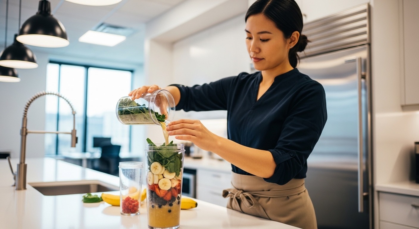 A person quickly preparing a healthy smoothie in a modern office kitchen, looking efficient and focused. The smoothie shaker is clear, showing the mixing process. photograph, real image, bright, clean environment