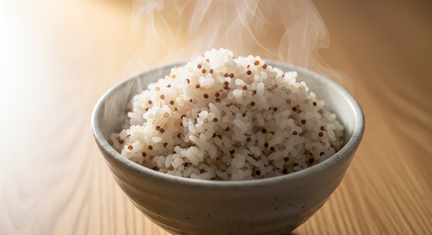A close-up shot of a steaming bowl of rice, with a texture that suggests a mix of traditional rice and a healthy, subtle ingredient, placed on a clean wooden table. The lighting is soft and inviting, highlighting the natural appearance of the food.