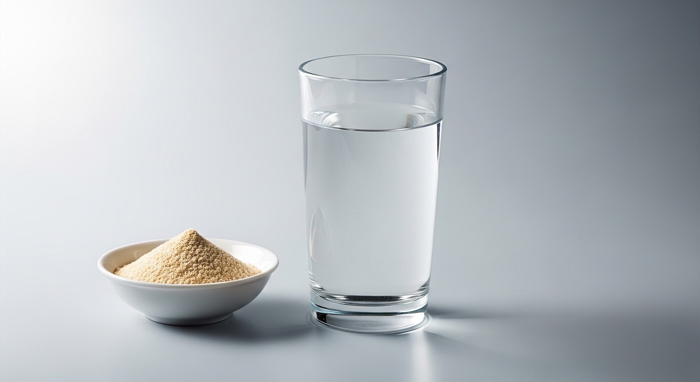 A clean, minimalist photograph of a glass of water next to a small bowl of soy protein powder, suggesting careful preparation and hydration, soft studio lighting.