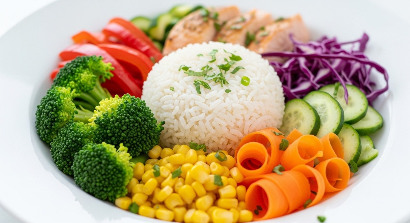 A healthy and balanced meal featuring 50RICE as the main carbohydrate, surrounded by colorful vegetables and a lean protein source, presented beautifully on a clean plate. natural light, real image, food photography