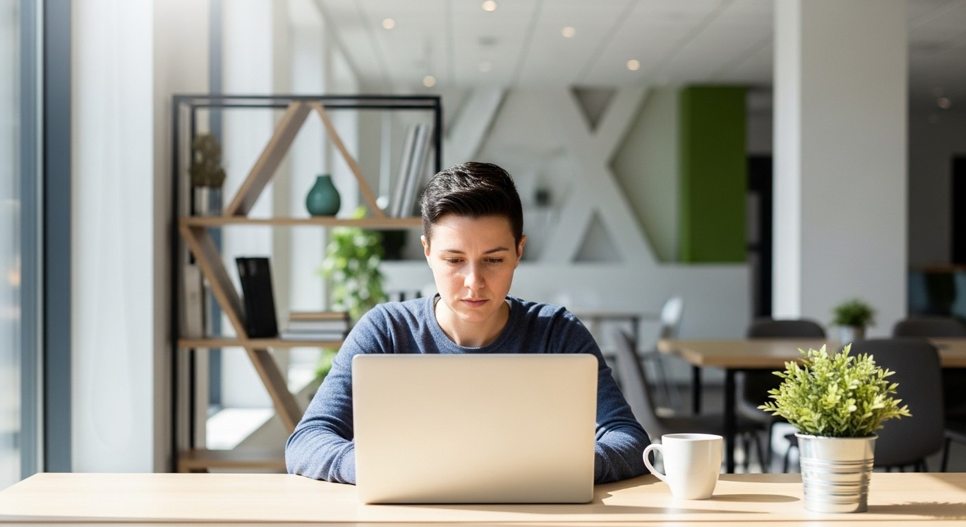 A focused person working on a laptop in a modern, calm office setting with natural light, representing high productivity and concentration.