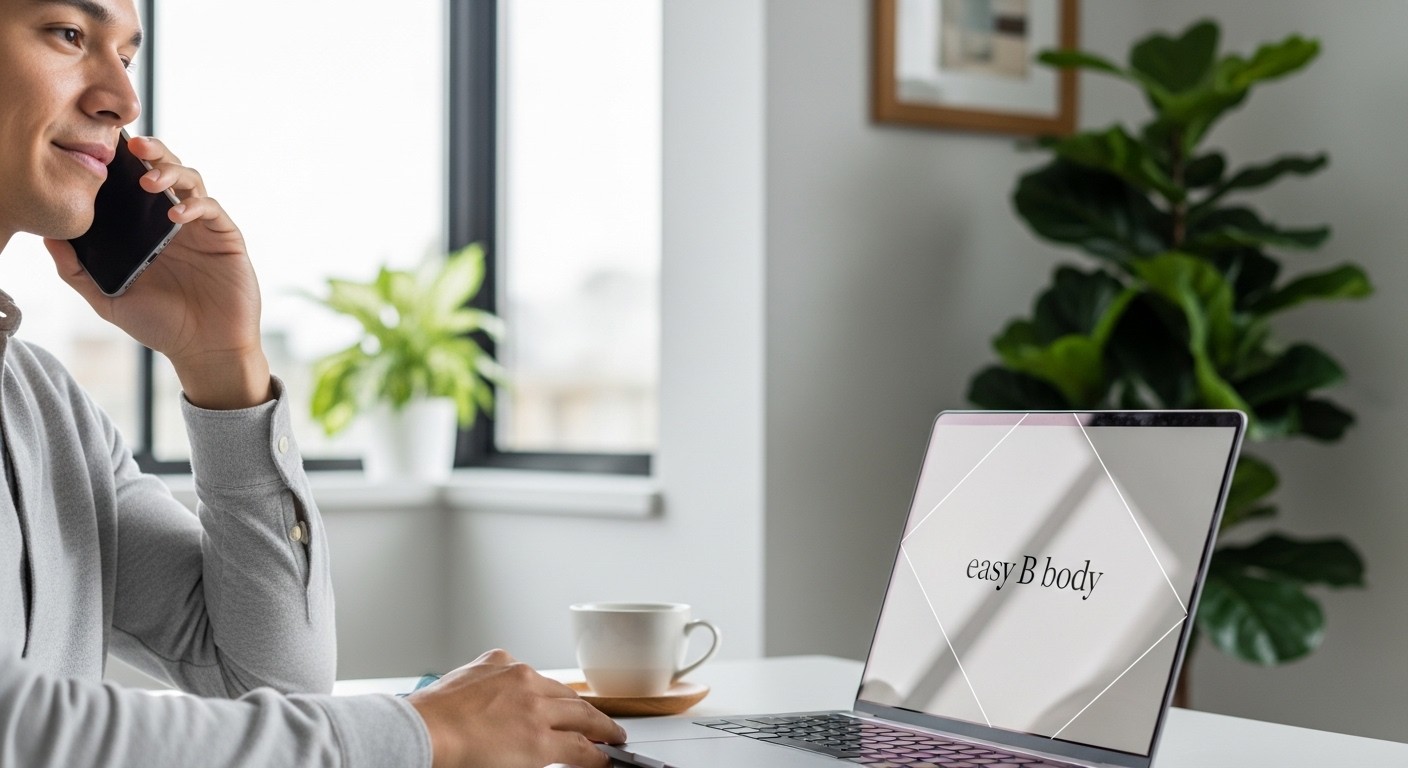A person calmly making a phone call, with a laptop open nearby showing a subtle brand logo for easy B body. The setting is a clean, modern home office. The overall mood is efficient and stress-free. photograph, real image