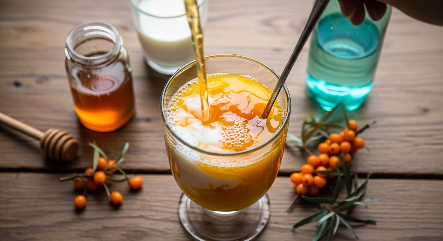 A vibrant glass of sea buckthorn juice being mixed with various ingredients like sparkling water, milk, and honey, arranged on a rustic wooden table, natural light, top-down view, photograph