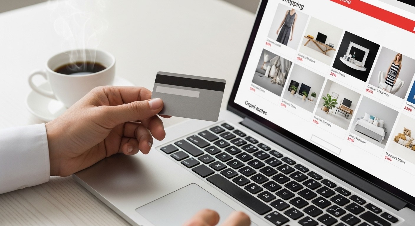 A person's hand holding a credit card, looking at a laptop screen displaying various online shopping options, with a coffee cup nearby.