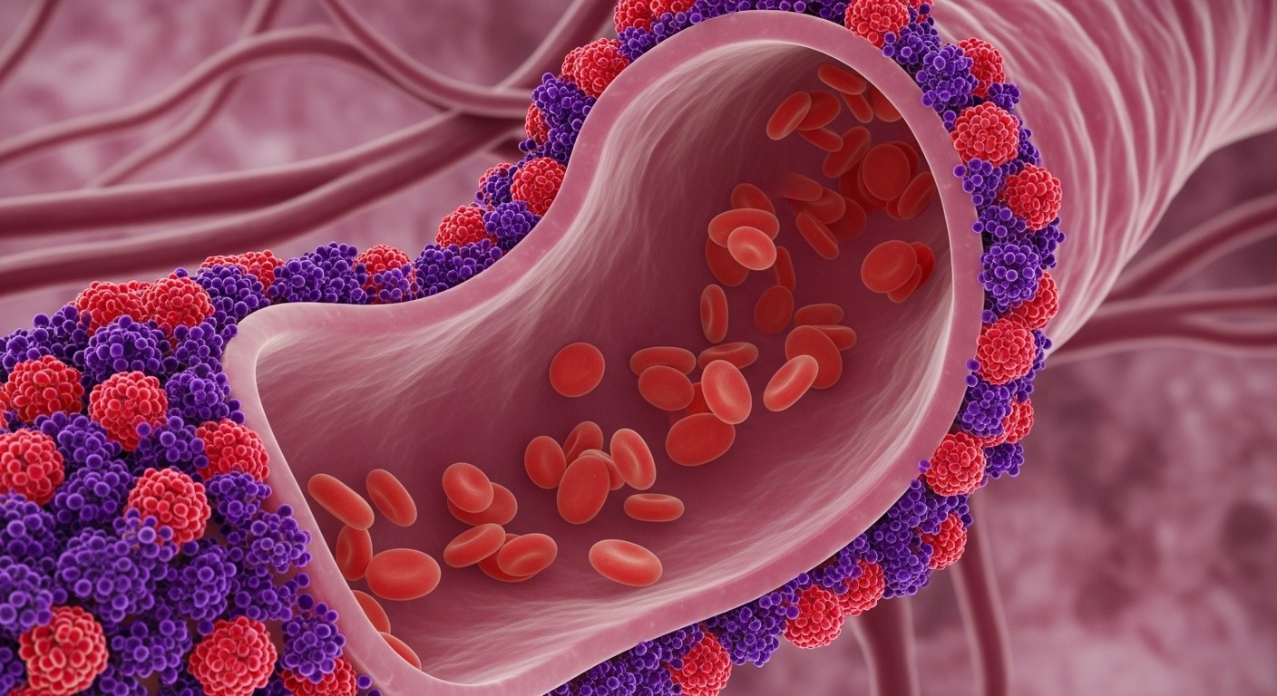 Microscopic view of healthy blood vessels with smooth blood flow, surrounded by vibrant purple and red polyphenols, illustrating improved circulation.