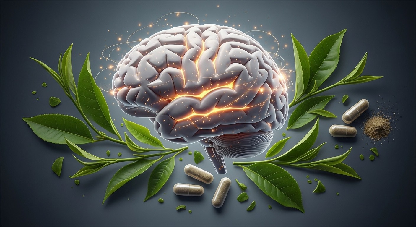 photograph of a brain with subtle light effects, symbolizing enhanced cognitive function and energy metabolism, surrounded by healthy ingredients like green tea leaves and small supplement capsules, scientific yet aesthetic, no text, no labels, high resolution