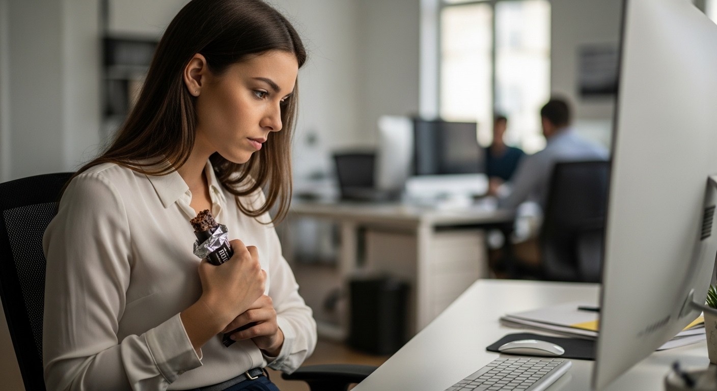A busy office worker subtly eating a healthy protein bar at their desk, maintaining focus. Real image, photograph.