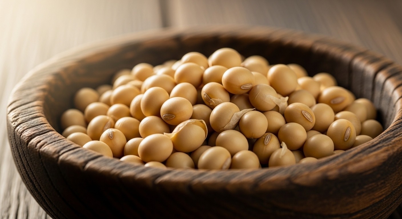 A close-up photograph of organic soybeans in a rustic wooden bowl, with soft light highlighting their natural texture, conveying purity and natural ingredients, real image.