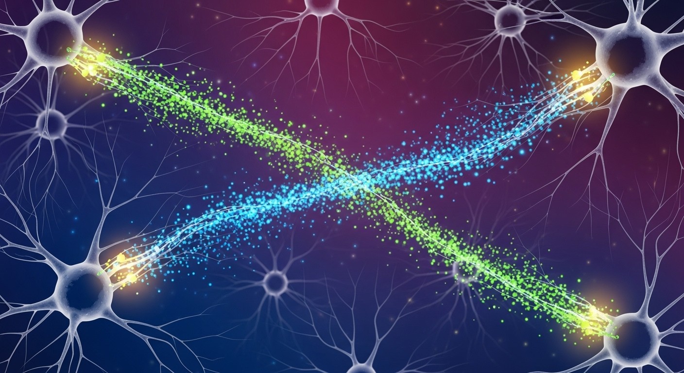 A stylized, vibrant illustration of neural pathways in the human brain, with neurotransmitters represented by glowing particles flowing between neurons. Abstract and clean, no text, real image.