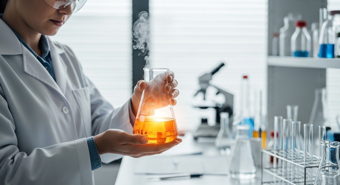 A close-up photograph of a scientist in a lab coat, holding a beaker with a warm, amber liquid, in a modern, clean laboratory setting, symbolizing scientific research and development. No text, no charts.