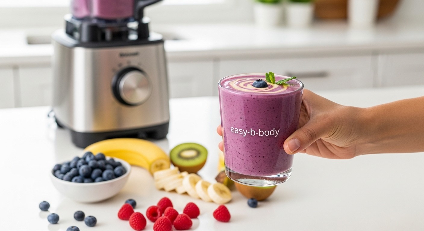 A hand holding a glass of easy-b-body smoothie, with various fruits and a blender in the background, clean kitchen setting, healthy lifestyle, photograph