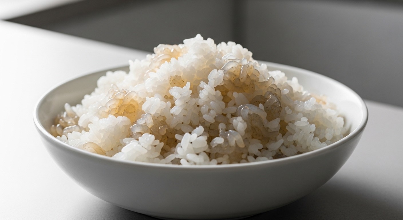 A close-up photograph of steamed rice and konjac rice mixed together, showing a subtle difference in texture, in a minimalist kitchen setting, natural light