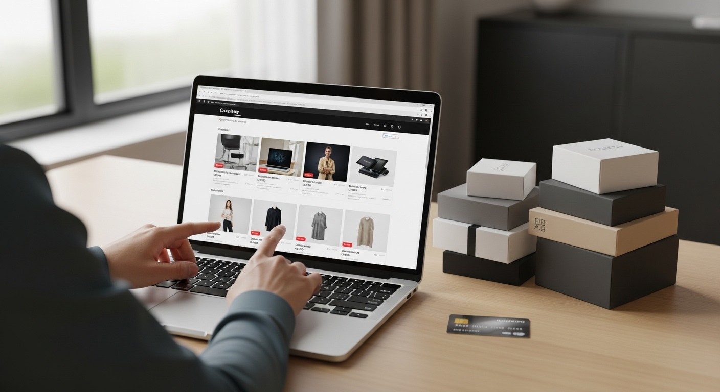 A person comparing different online shopping websites on a laptop, with various product boxes and a credit card nearby, representing smart shopping and cost comparison, clean and modern aesthetic, photograph, real image