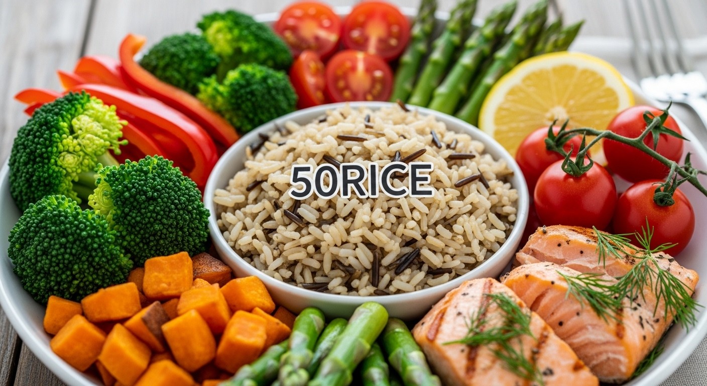A close-up, top-down photograph of a balanced, healthy meal featuring 50RICE as the main component, surrounded by fresh, colorful vegetables and lean protein. The lighting is soft and inviting, emphasizing natural textures and appealing presentation. No text, real image.