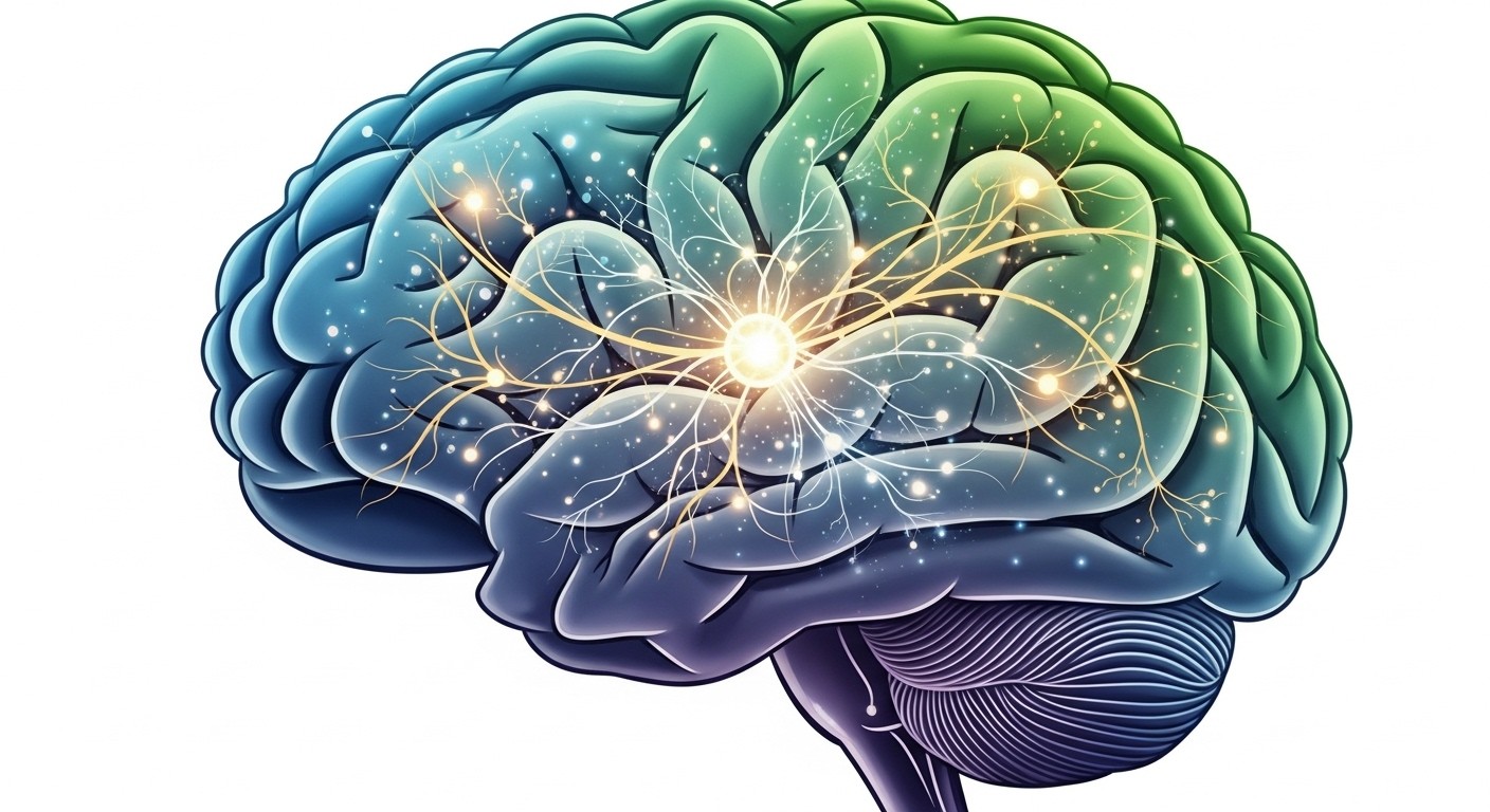 A stylized illustration of a brain with glowing neural pathways, representing balanced neurotransmitter activity and stress reduction, calm and clear mind, digital art