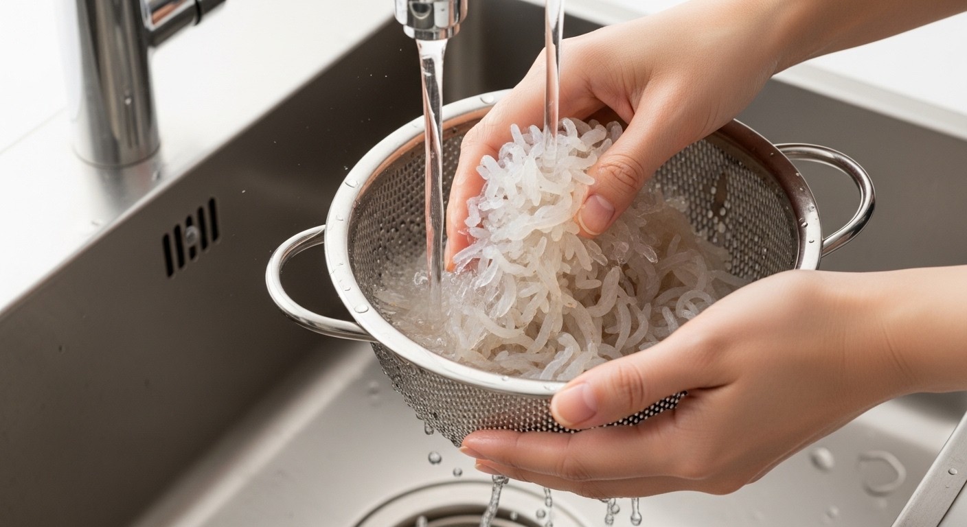A person's hands gently rinsing konjac rice under running water in a colander, with a clean kitchen sink in the background.