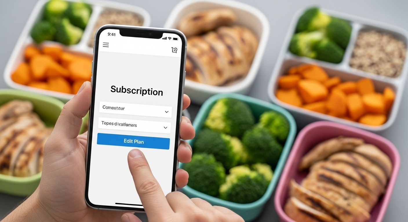 A hand holding a smartphone, calmly navigating a website with a blurred background of a healthy meal prep. The focus is on ease of digital interaction for subscription management. Real image, photograph.