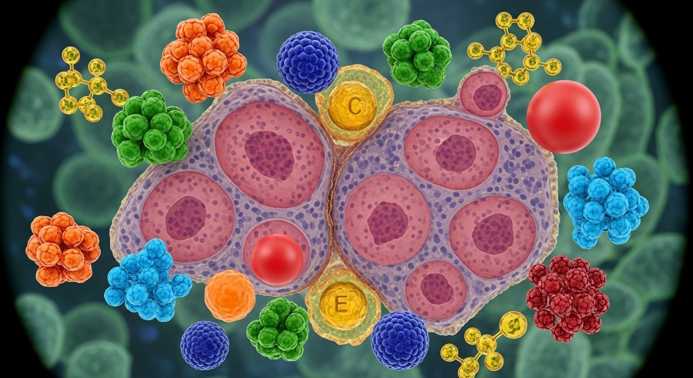 A microscopic view of healthy liver cells surrounded by various vibrant antioxidants and nutrients, illustrating protection and support, science laboratory concept, high detailed