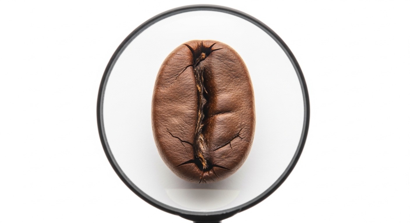 A single coffee bean with a magnifying glass over it, showing intricate details, on a clean white background. Real image, photograph.