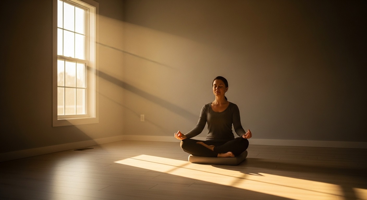 A person meditating in a quiet, minimalist room with soft morning light, creating a sense of calm and focus, realistic photograph